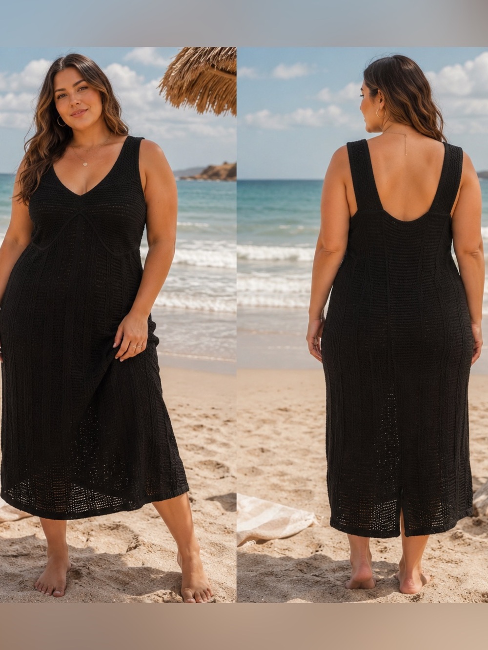 Black Crochet V-Neck Swim Cover-Up Dress